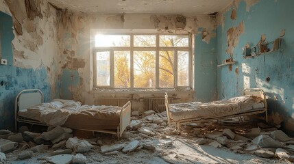 Abandoned hospital room showcasing decay and neglect in an old facility