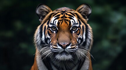 Fototapeta premium The Image of a Tiger's Head and Shoulders Against a Blurred Green Background.