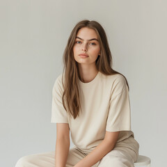 Obraz premium Woman Beige TShirt Studio Portrait Neutral Background