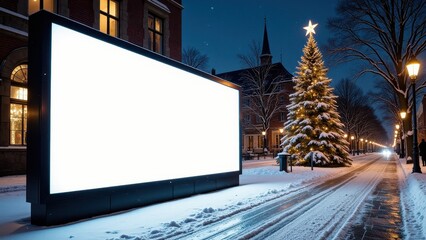 A giant billboard dominates a snowy sidewalk, its bright graphics and bold text standing out against the warm, weathered red brick building beside it