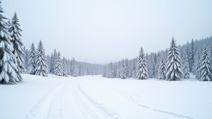 Fototapeta premium Snow-covered landscape stretches out, punctuated by rugged tire tracks that bisect the pristine white expanse