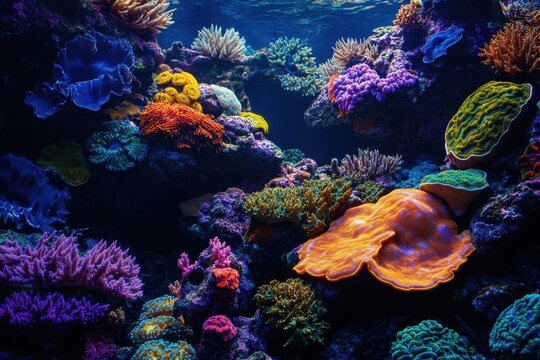 Vibrant coral reef ecosystem under clear blue waters with diverse marine life and clouds overhead