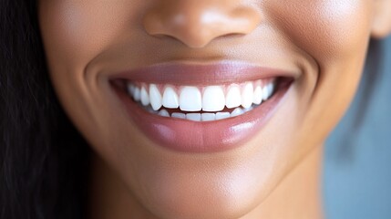 Obraz premium close up of a woman's face with a big smile showing her white teeth.