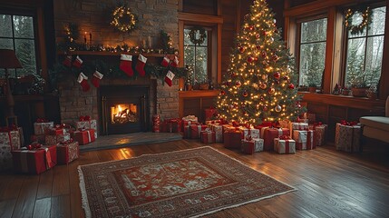 Fototapeta premium a beautifully decorated christmas tree with glowing lights and ornaments is surrounded by an array of wrapped presents creating a warm holiday atmosphere in a classic cozy living room