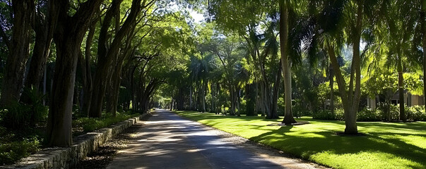 Sunlit Pathway Through Lush Tropical Trees, Winding Road Leads to Tranquil Destination, Scenic Beauty