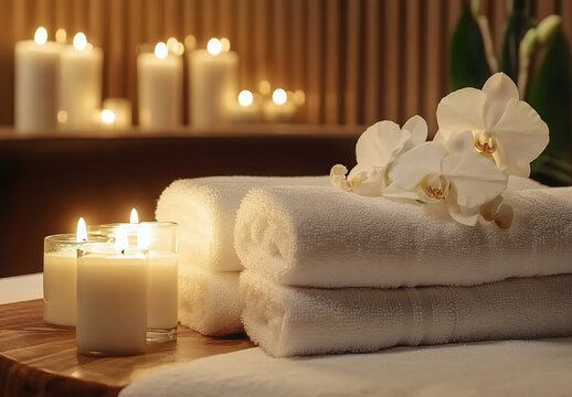 A serene spa setting with white towels, candles, and orchids, perfect for an elegant Valentine's Day card background.