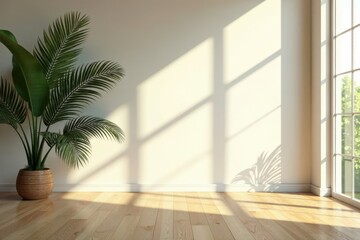 Fototapeta premium Serene Minimalist Room Interior with Sunlight Streaming Through Window and Tropical Plant in Woven Pot