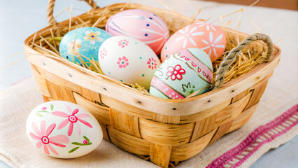 Fototapeta premium a basket filled with painted eggs on a table