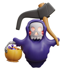 3d illustration Grim Reaper carries candy in a bucket wielding a scythe 2