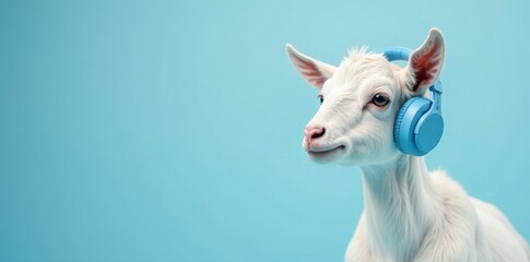 Obraz premium A Young Goat Enjoys Listening to Music with Over-Ear Headphones Against a Light Blue Background