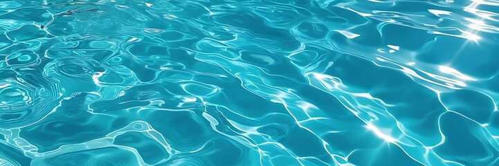 Transparent blue clear water surface texture with ripples, splashes and bubbles. Abstract summer banner background Water waves in sunligh