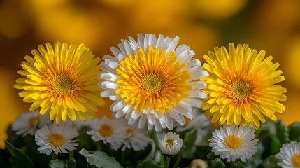 Fototapeta premium Vibrant Yellow and White Daisies in Full Bloom, Bright and Cheerful Flowers Radiate Joyfully in a Sunny Garden.