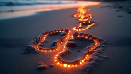 Warm Footprints on the Beach at Sunset