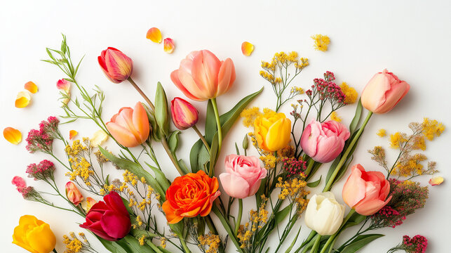Elegant Floral Composition with Tulips, Roses, and Mimosa on White Background