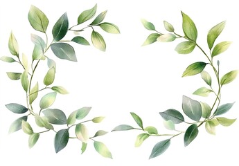Watercolor green leaves frame, simple and clean, white background