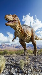 Fototapeta premium A large dinosaur stands in a desert landscape under a blue sky with clouds.