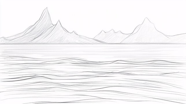 drawing of a serene landscape with mountains in the distance, and a gently flowing river. The detailed shading creates a soft, peaceful atmosphere. Ample space for text at the top. [Background]:[Penci
