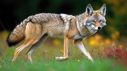 Fototapeta premium A coyote walking through a colorful, flower-filled meadow.