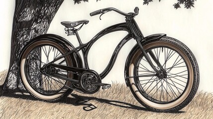 Fototapeta premium sketch of a vintage bicycle resting against a tree, with detailed shading of the wheels and frame. The background is simple, leaving room for copy. [Background]:[Pencil drawing] 