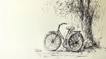 Obraz premium sketch of a vintage bicycle resting against a tree, with detailed shading of the wheels and frame. The background is simple, leaving room for copy. [Background]:[Pencil drawing] 