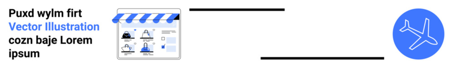 Fototapeta premium Online storefront with storefront icon showing various services. Blue airplane icon representing logistics and shipping. Ideal for e-commerce, logistics, delivery services, air freight, online