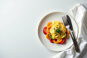 Scrumptious scrambled eggs garnished with fresh herbs, artfully arranged with vibrant bell pepper slices on a pristine white plate, a simple yet elegant breakfast presentation.