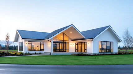 Fototapeta premium Modern single-story house with large windows and landscaped yard.