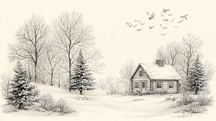 pencil sketch of a cozy cabin in the woods, with detailed shading of the wooden texture and surrounding trees. The background remains simple, offering clear space for text. [Background]:[Pencil 