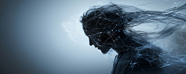 Digital Mind, A Networked Silhouette Entangled in Data Streams, Reflecting Modern Connectivity and its Impact