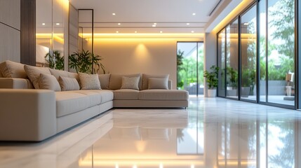 Fototapeta premium Modern Luxury Living Room Interior Design with Beige Sofa and Marble Floor