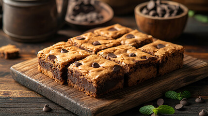 Fototapeta premium Gooey Chocolate Chip Brownies on Wooden Board, Sweet Treat, Delicious Dessert, Baked Confection, Home Baking, Chocolate Lovers, Indulgent Snack, Brownie Bites, Perfect for Coffee, 