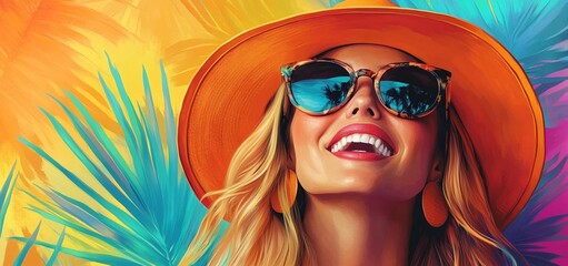 A woman wearing sunglasses and a hat is surrounded by palm trees in a tropical setting.