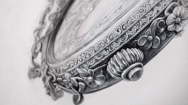 pencil sketch of a vintage pocket watch, with intricate details on the face and chain. The background is soft, allowing for text placement at the top or bottom. [Background]:[Pencil drawing] 