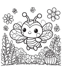 Coloring book cute insect fly with flower