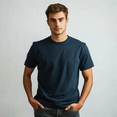 Young Man Casual Navy TShirt Studio Portrait Simple Background