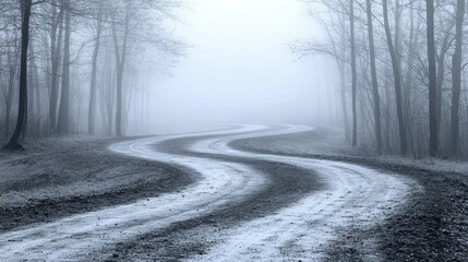 Obraz premium Winding road through a foggy forest.