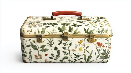 A floral print suitcase against a white background.