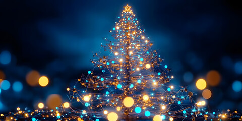 Abstract technological christmas tree shining with light connections on blue background