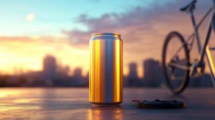 Aluminum Drink Can in Urban Sunset Setting. Generative AI