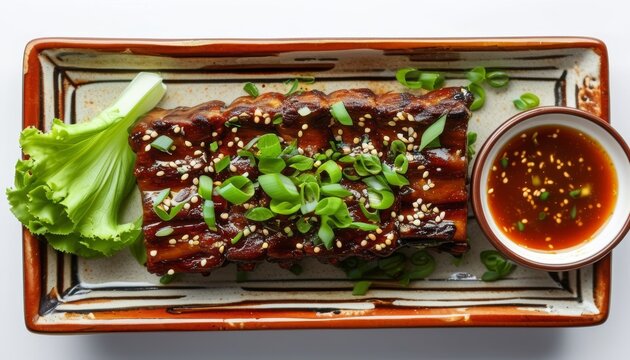 Grilled Beef Short Ribs with Green Onions and Sauce on Ceramic Plate