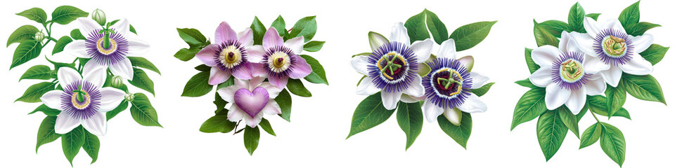 Obraz premium Beautiful Passion Flowers With Lush Green Leaves Isolated Image