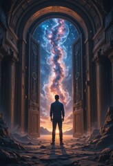 A Man Stands Before a Cosmic Gateway