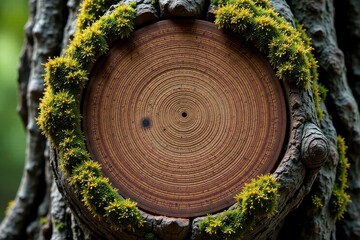 Fototapeta premium A circular wooden slice, meticulously detailed with concentric rings, is nestled within a lush, vibrant moss frame on a tree trunk, creating a captivating natural design.