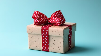 Obraz premium a beautifully wrapped gift box with a red polka dot bow set against a minimalist light blue background evoking feelings of celebration and joyful surprise