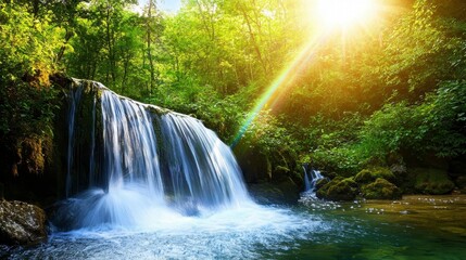 Obraz premium Serene Waterfall Surrounded by Lush Greenery and Sunlight, Capturing the Beauty of Nature in a Peaceful Forest Setting