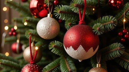 Fototapeta premium A festive close-up of sparkling red and white ornaments on a lush, green Christmas tree, adorned with intricate red and silver accents, set against a soft blur of pine needles and shimmering gold