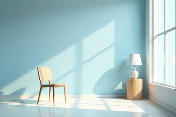 Fototapeta premium Serene Minimalist Room Interior Design with Light Wooden Chair and Table Lamp