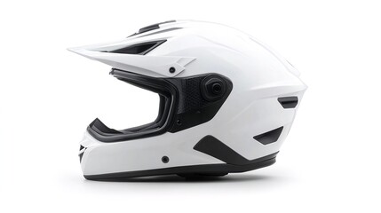 A white and black full-face helmet with an open visor.