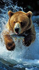 Fototapeta premium A bear leaps from water, catching a fish in its mouth amidst splashes.