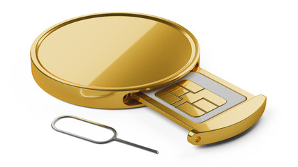 Gold coin with a mobile operator SIM card on top. Electronic money concept